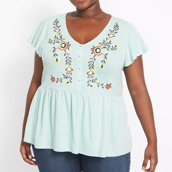 3X Plus Size 22/24 Lane Bryant Swing Flutter-Sleeve Embroidered Babydoll Top - Picture 3 of 3